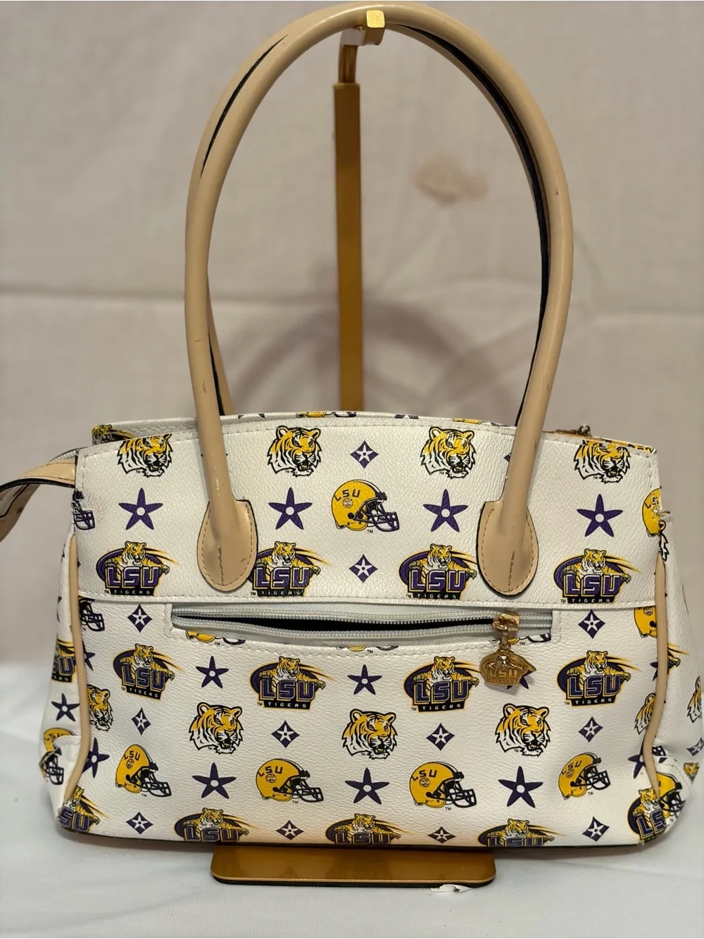 LSU Themed White & Tan Satchel Bag with Bow Accent & matching accessory pouch